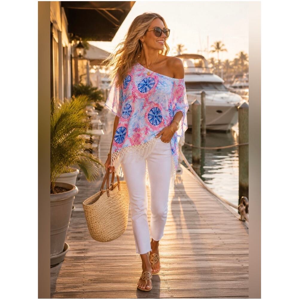 Lilly Pulitzer Fringe Cover Up XS/S Coral Reef Resort Tunic Beach Cruise Pool